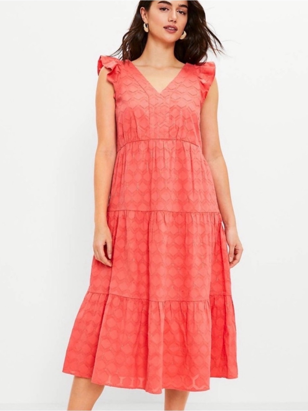 LOFT Coral Textured Tiered V-Neck Midi Dress